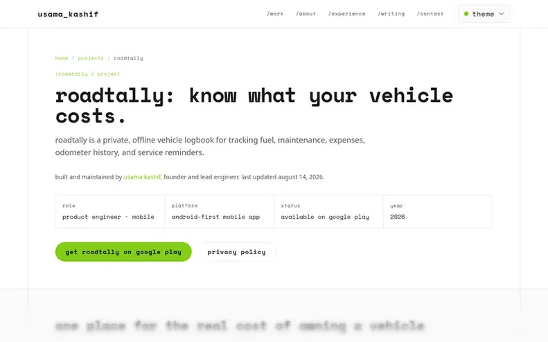 Screenshot of the RoadTally homepage