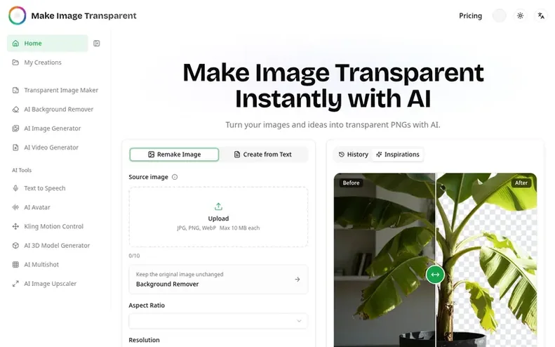 Screenshot of the Make Image Transparent homepage