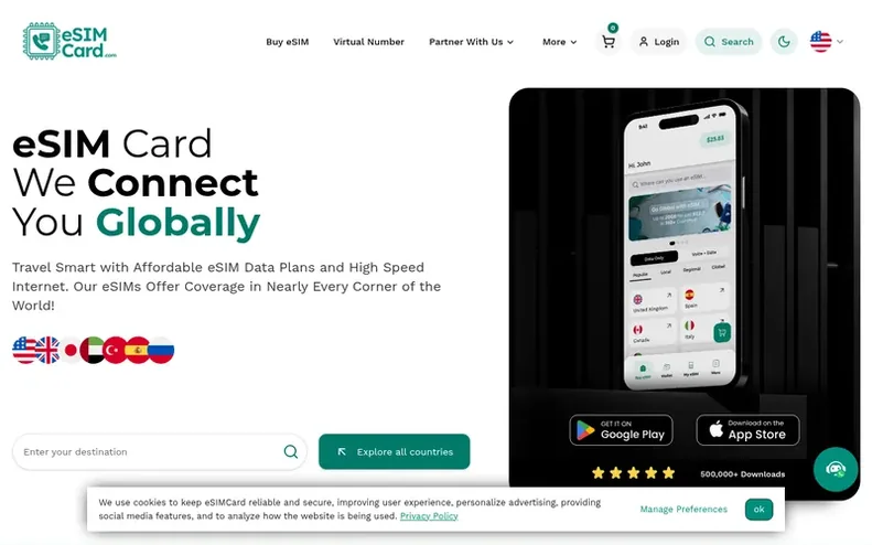Screenshot of the eSIMCard homepage