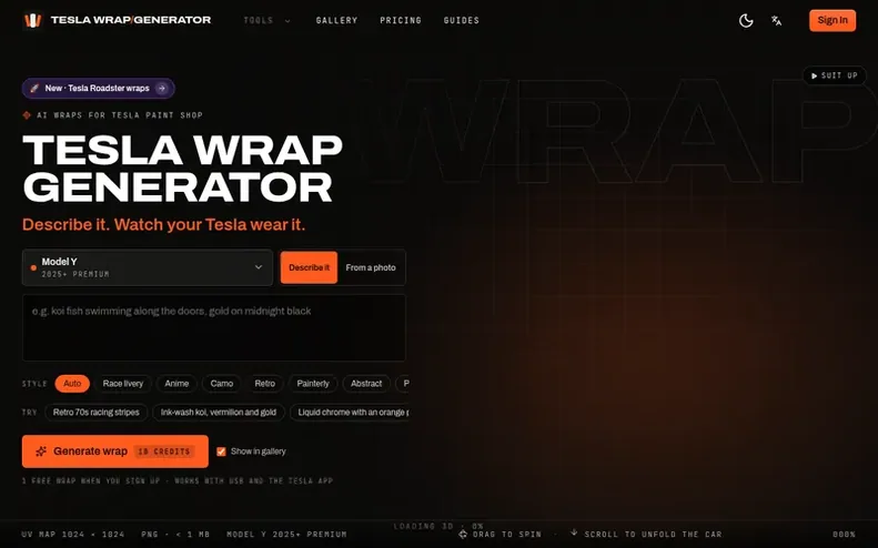 Screenshot of the Tesla Wrap Generator homepage