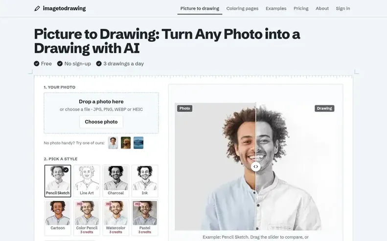 Screenshot of the imagetodrawing homepage