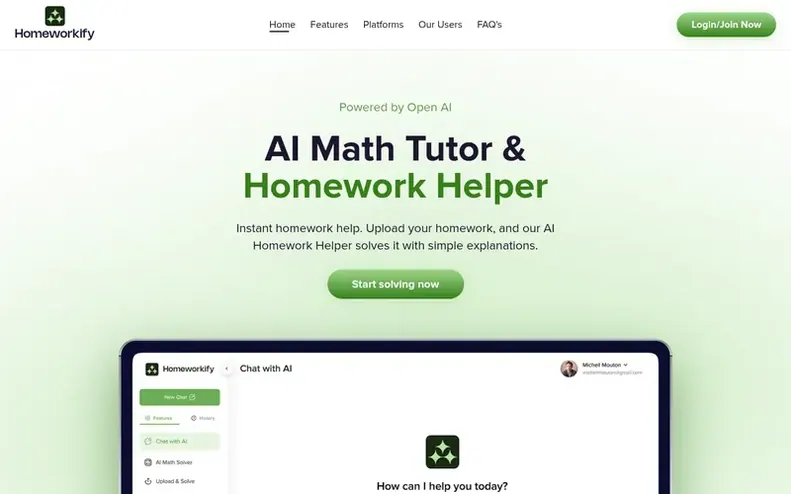 Screenshot of the Homeworkify homepage