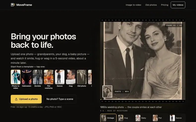 Screenshot of the MoveFrame homepage