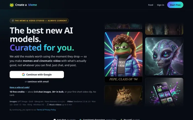 Screenshot of the Create a Meme homepage