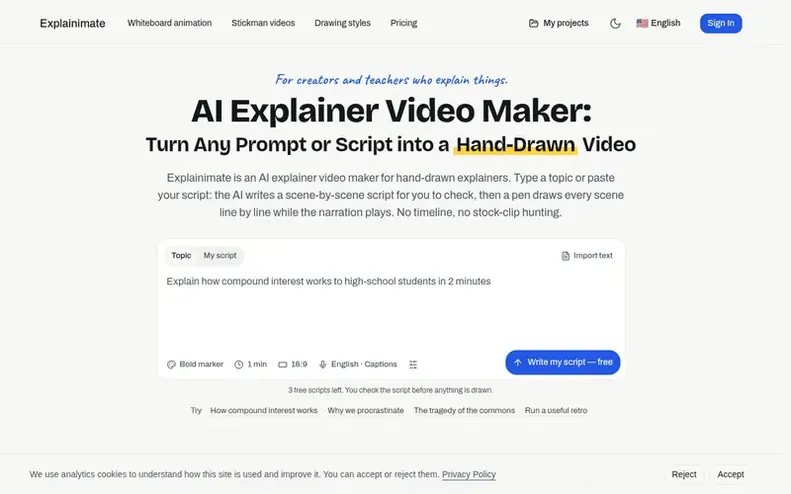 Screenshot of the Explainimate homepage