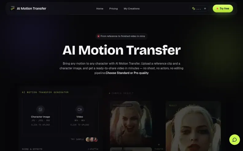Screenshot of the AI Motion Transfer homepage