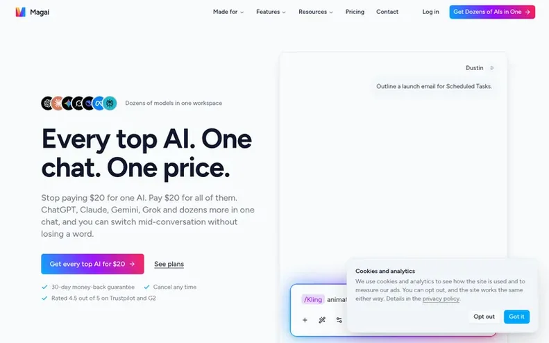 Screenshot of the Magai homepage