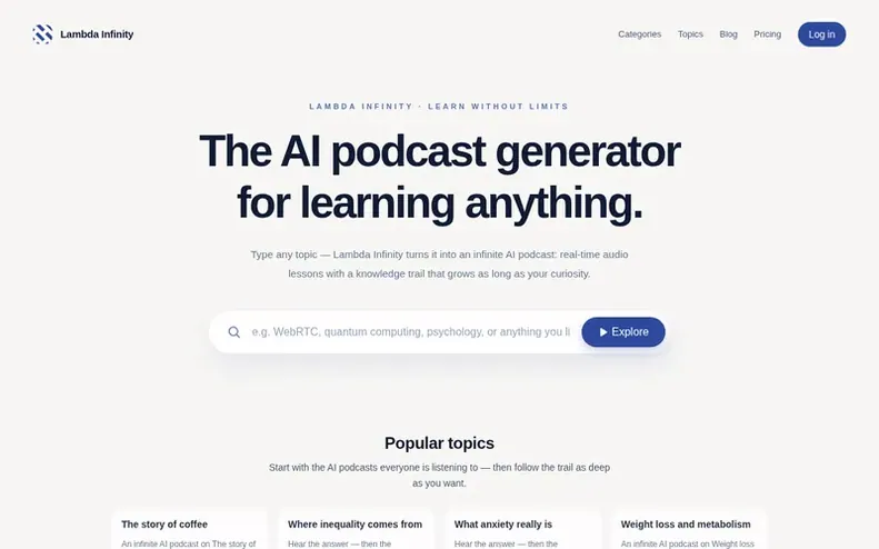 Screenshot of the Lambda Infinity homepage