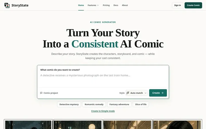 Screenshot of the StoryState homepage