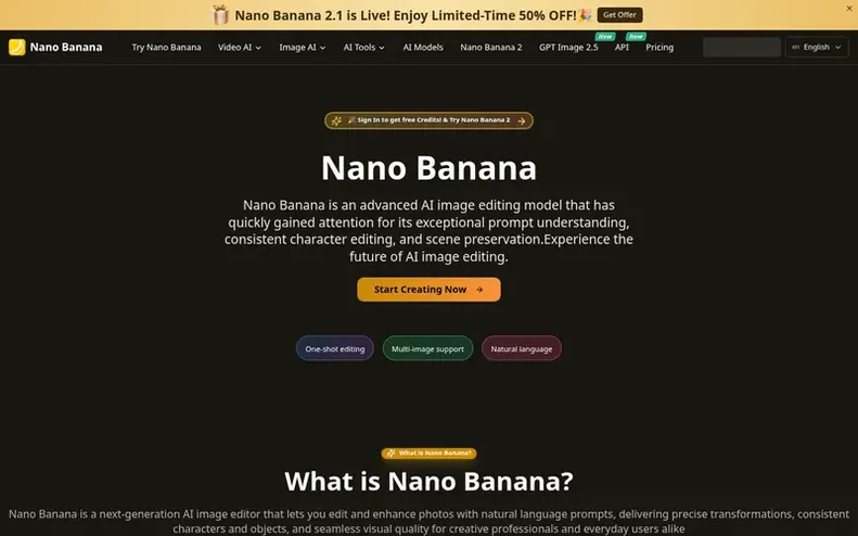 Screenshot of the Nano Banana homepage