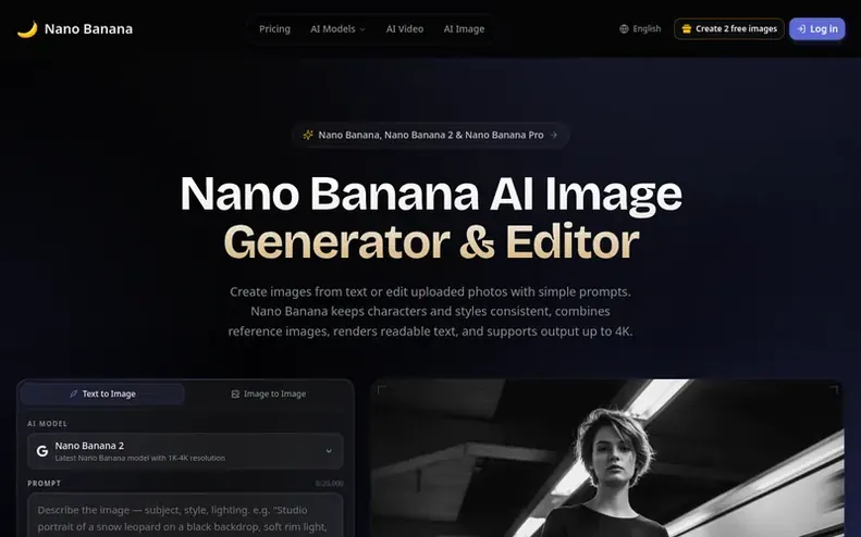 Screenshot of the Nano Banana homepage
