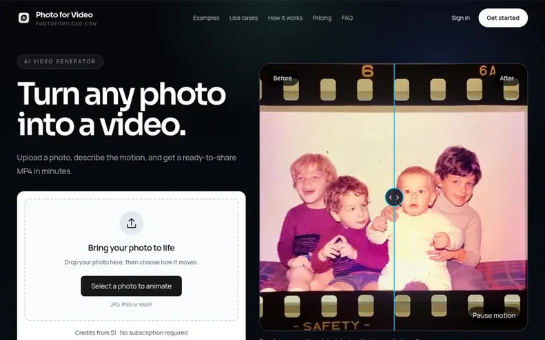 Screenshot of the Photo for Video homepage
