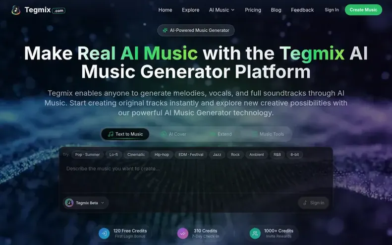 Screenshot of the Tegmix homepage