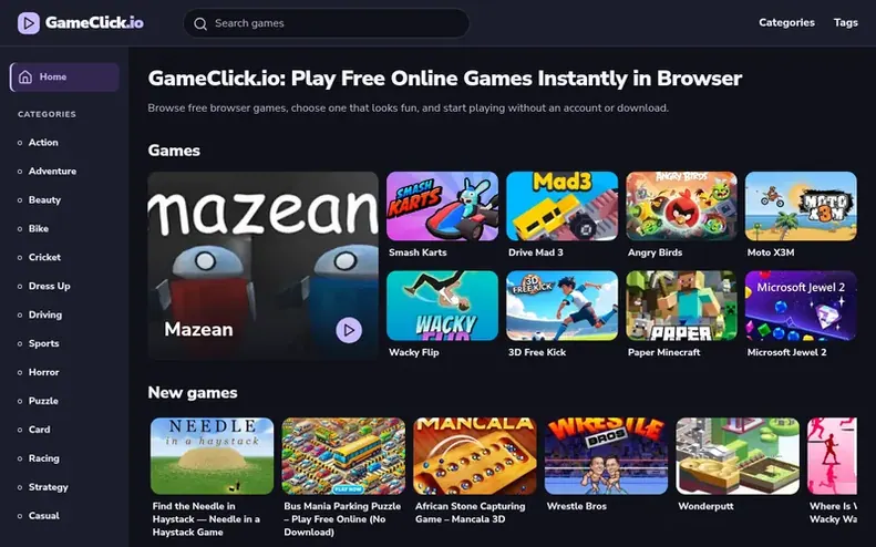 Screenshot of the GameClick.io homepage