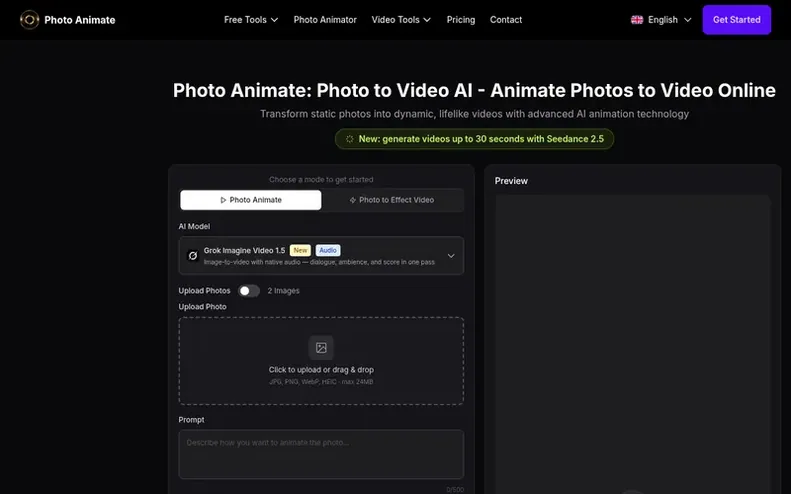 Screenshot of the Photo Animate homepage