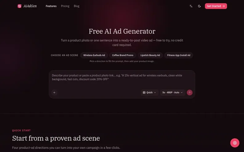Screenshot of the AiAdGen homepage