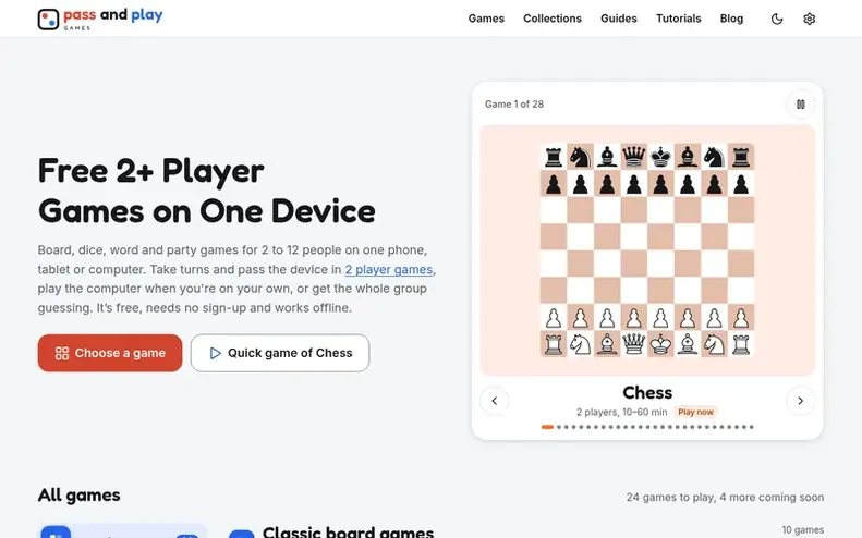 Screenshot of the Pass and Play Games homepage