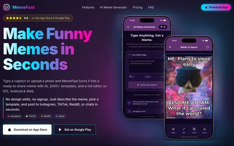 Screenshot of the MemeFast homepage