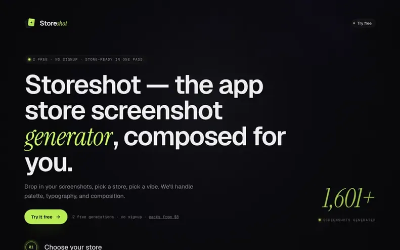 Screenshot of the Storeshot homepage