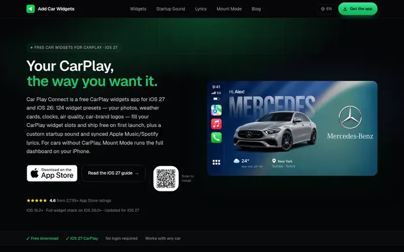 Screenshot of the addcarwidgets homepage
