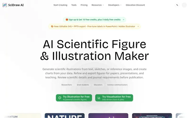 Screenshot of the SciDraw AI homepage