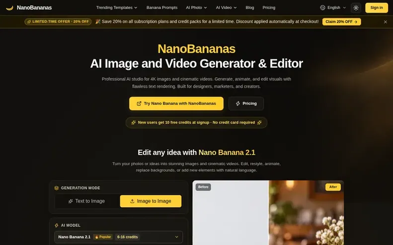Screenshot of the NanoBananas homepage