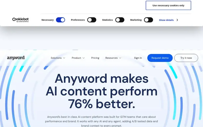 Screenshot of the Anyword homepage