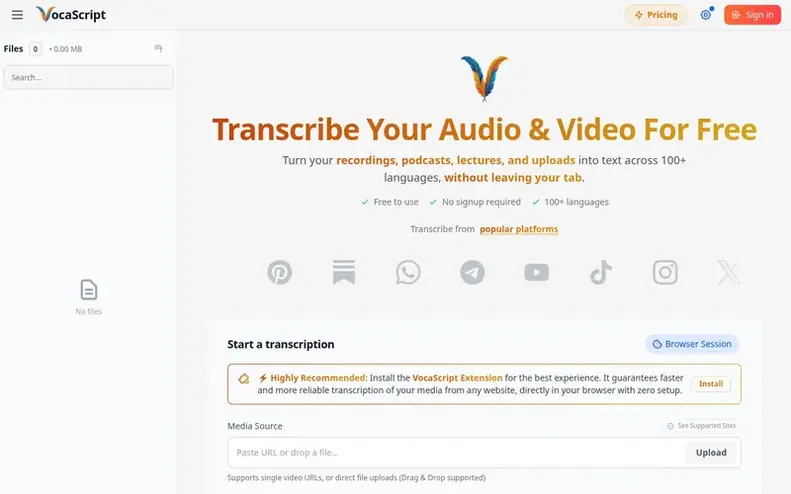 Screenshot of the VocaScript homepage