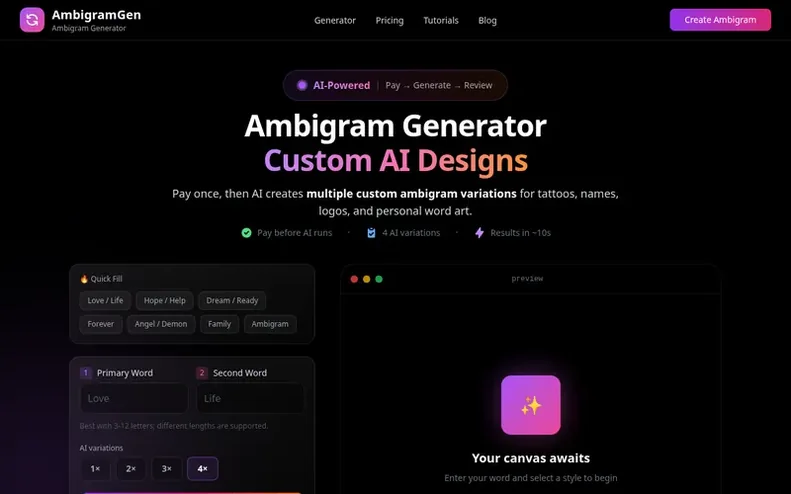Screenshot of the AmbigramGen homepage