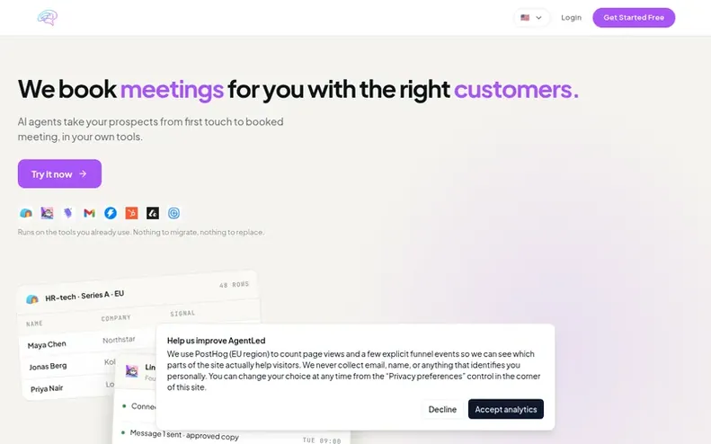 Screenshot of the AgentLed homepage