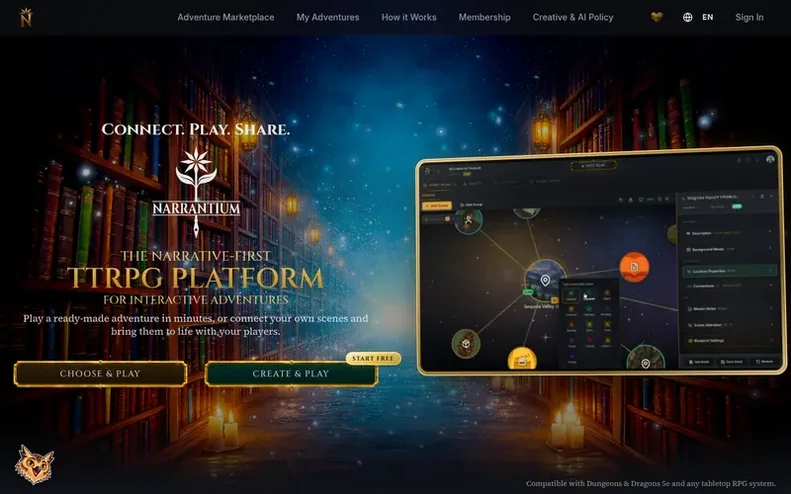 Screenshot of the Narrantium homepage