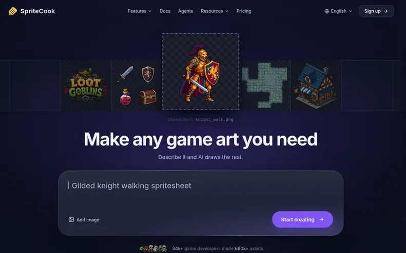 Screenshot of the SpriteCook homepage