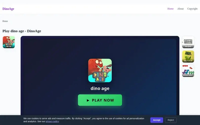 Screenshot of the Dino Age homepage