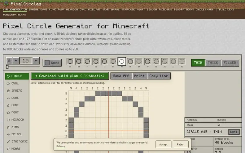 Screenshot of the PixelCircles homepage