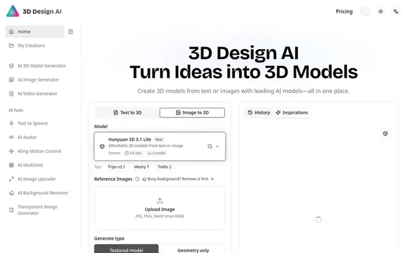Screenshot of the 3D Design AI homepage