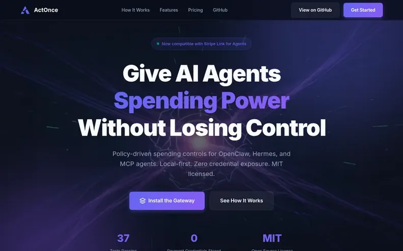 Screenshot of the ActOnce Spend Gateway homepage