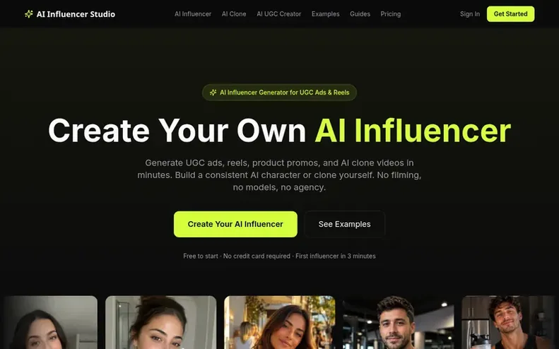 Screenshot of the AI Influencer Studio homepage