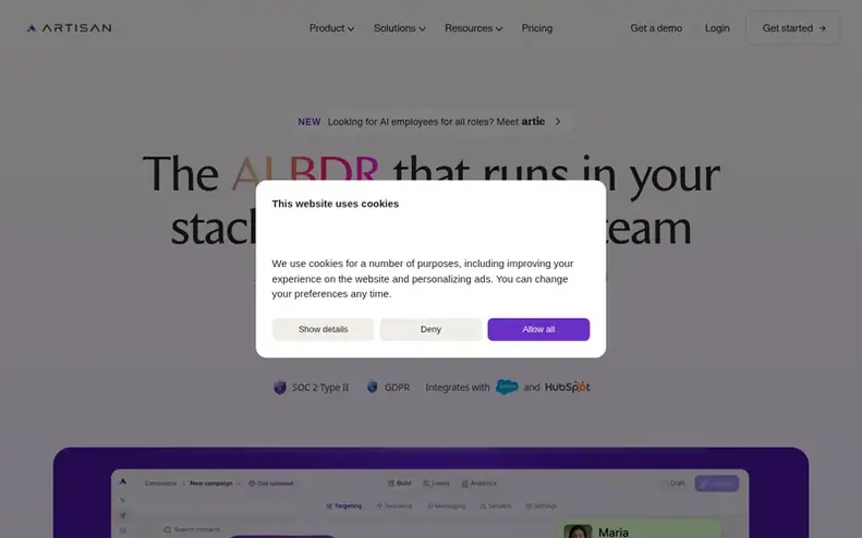 Screenshot of the Artisan homepage