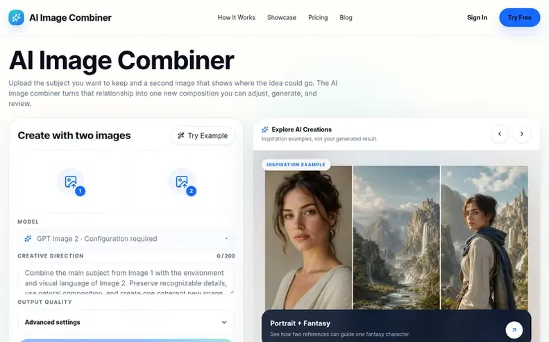 Screenshot of the AI Image Combiner homepage