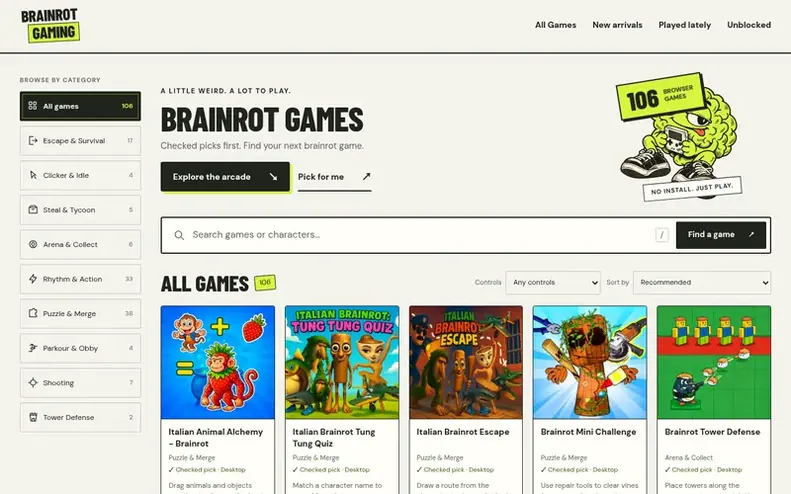 Screenshot of the Brainrot Gaming homepage