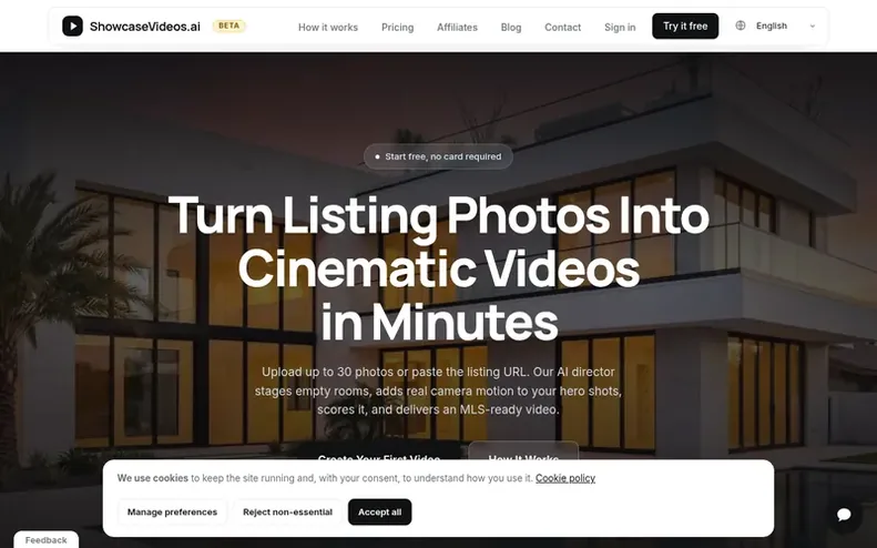 Screenshot of the ShowcaseVideos.ai homepage