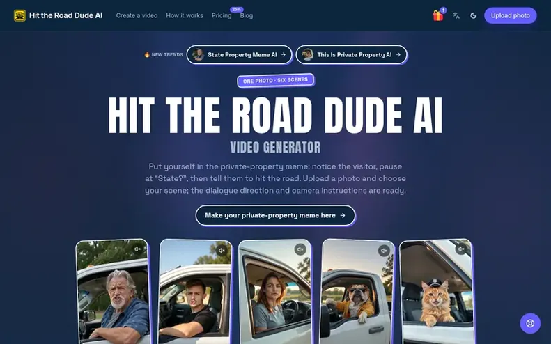 Screenshot of the Hit the Road Dude AI homepage