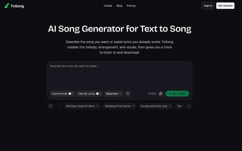 Screenshot of the ToSong homepage
