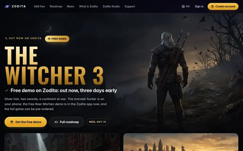 Screenshot of the Zodita homepage