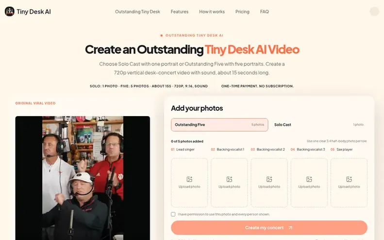 Screenshot of the Tiny Desk AI homepage
