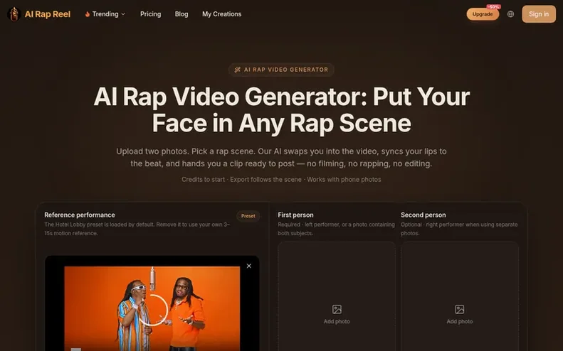 Screenshot of the AI Rap Reel homepage