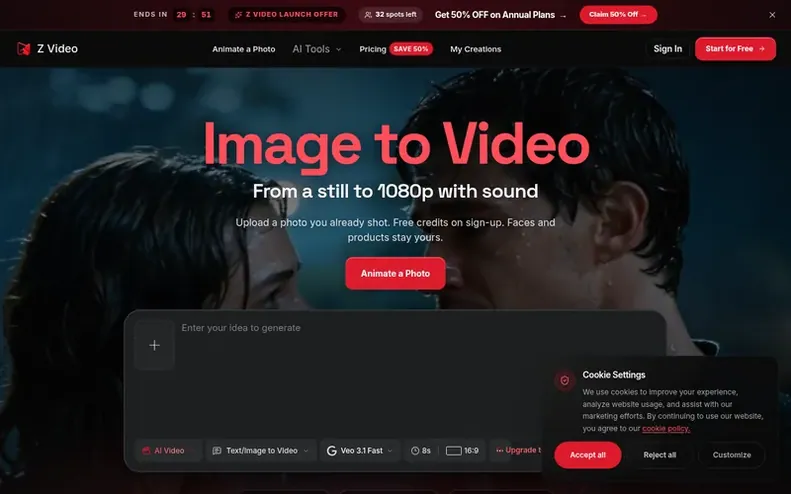 Screenshot of the Z Video homepage