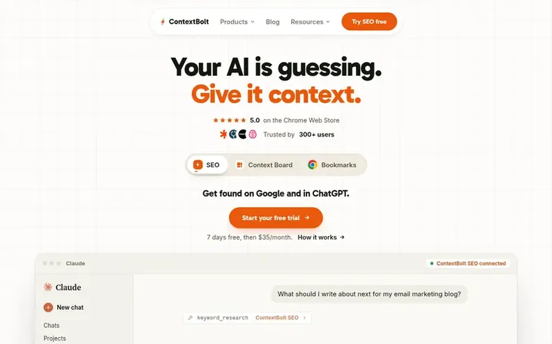 Screenshot of the ContextBolt homepage