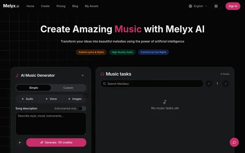 Screenshot of the Melyx AI homepage