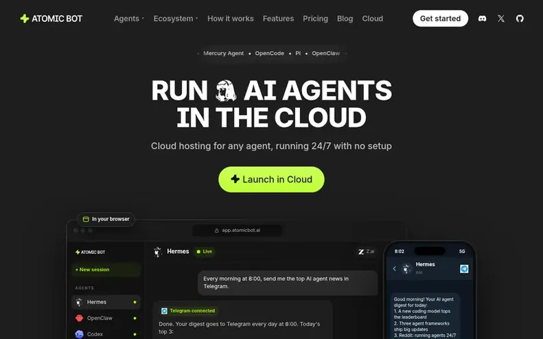 Screenshot of the Atomic Bot homepage